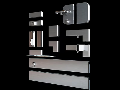 Assorted Stainless Steel Hardware Tools Including Door Handles Locks Hinges And Metal Plates 3d model