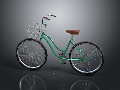 Stylish Green Classic Bicycle With Front Basket And Brown Seat 3d model