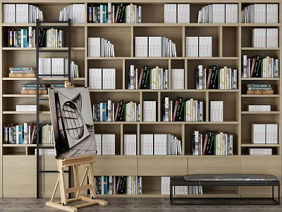Modern Wooden Bookshelf With Multiple Shelves Filled With Books And Decor Items 3d model