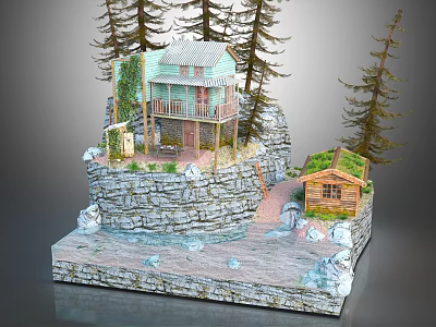 Wooden Cabin on Rocky Hillside Surrounded by Pine Trees With Small Shed and Pathway 3d model