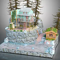 Wooden Cabin on Rocky Hillside Surrounded by Pine Trees With Small Shed and Pathway