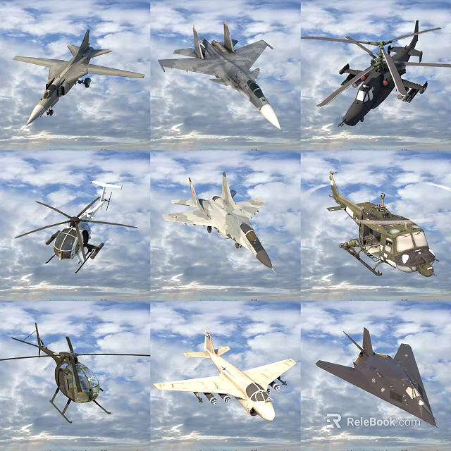 Fighter Jets And Military Helicopters Flying In Blue Sky Formation 3d model 