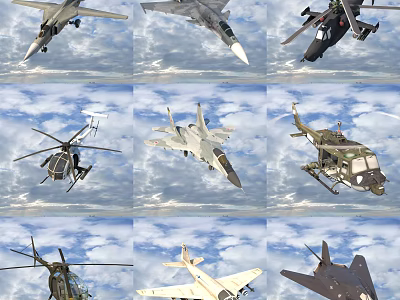 Fighter Jets And Military Helicopters Flying In Blue Sky Formation 3d model