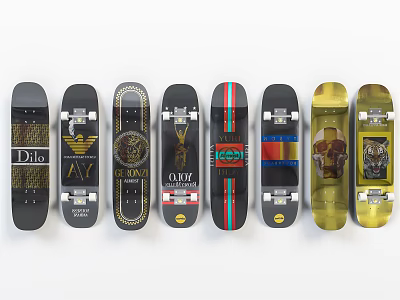 Designer Skateboards With Brand Logos And Graphic Patterns On White Background 3d model