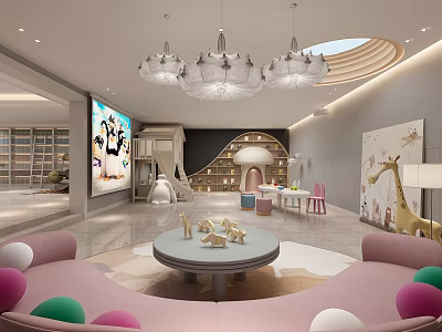 Modern Kids Playroom Interior Design With Pink Sofa Round Table And Giraffe Decorations 3d model