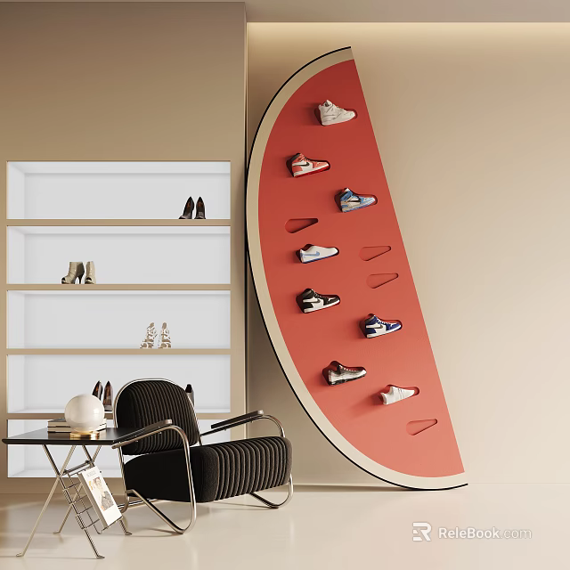 Modern Shoe Cabinet with Open Design White Multi Layer and Red Curved Interior 3d model