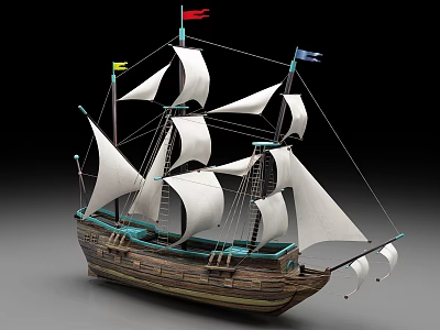 Wooden Sailboat Model With White Sails Colorful Flags And Detailed Rigging 3d model