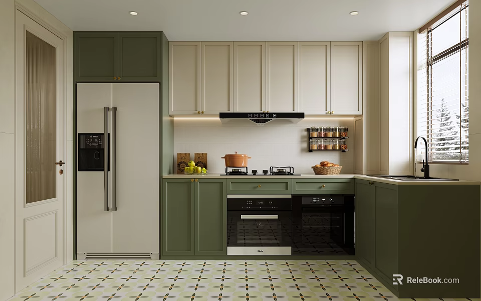 Kitchen Interior With Green And White Cabinets Refrigerator Stove Sink And Tiled Floor 3d model 