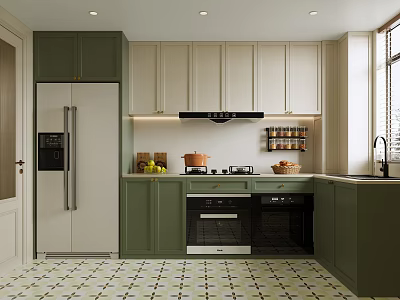 Kitchen Interior With Green And White Cabinets Refrigerator Stove Sink And Tiled Floor 3d model