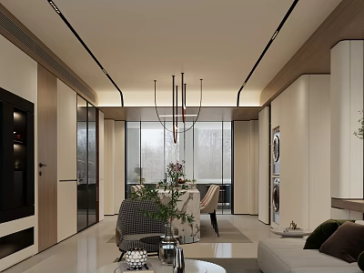 Modern Living and Dining Room Interior With Sofa Dining Table Pendant Lights and Large Windows 3d model