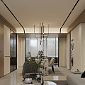 Modern Living and Dining Room Interior With Sofa Dining Table Pendant Lights and Large Windows