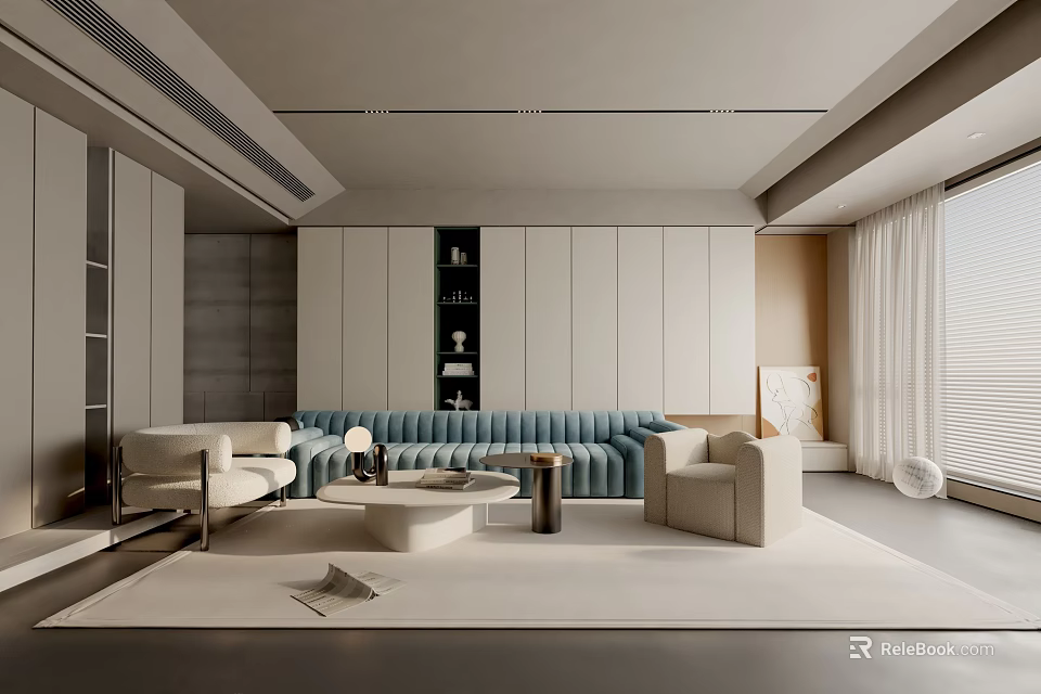 Modern Living Room Interior Design With Blue Sofa Beige Armchairs Round Coffee Table And Cabinets 3d model 
