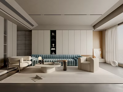 Modern Living Room Interior Design With Blue Sofa Beige Armchairs Round Coffee Table And Cabinets 3d model