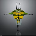Cartoon Insect Character With Green And Yellow Stripes Black Legs Antennae And Gray Background