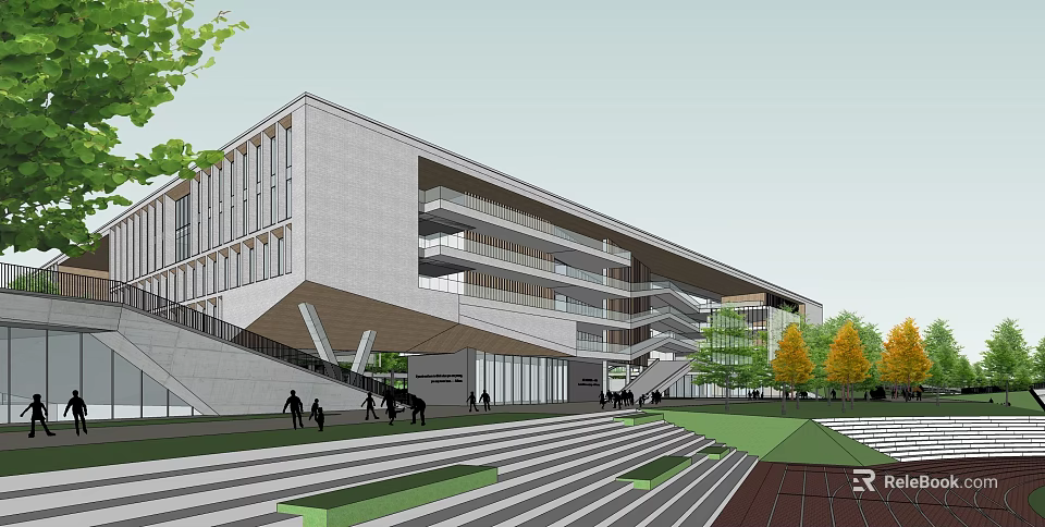 Modern School Building Featuring Multi Story Design Glass Facade Outdoor Stairs And Green Lawn 3d model 