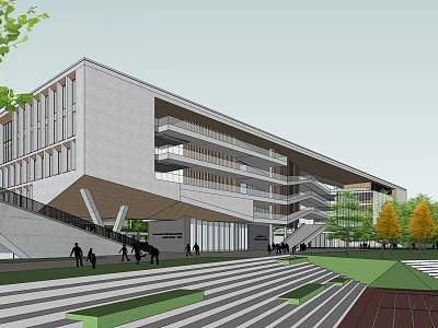 Modern School Building Featuring Multi Story Design Glass Facade Outdoor Stairs And Green Lawn 3d model