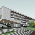Modern School Building Featuring Multi Story Design Glass Facade Outdoor Stairs And Green Lawn