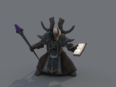 Game Movie Character With Horned Helmet Dark Robe Purple Staff And Golden Book 3d model