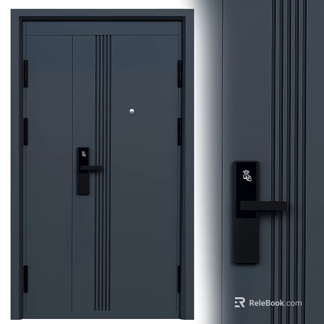 Modern Gray Security Door With Peephole Smart Lock Fingerprint Recognition And Black Handle 3d model 