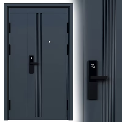 Modern Gray Security Door With Peephole Smart Lock Fingerprint Recognition And Black Handle 3d model
