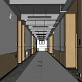 Modern Office Corridor With Wooden Walls White Ceiling Linear Lights And Polished Floor