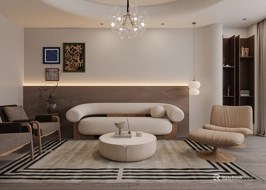 Modern Living Room Interior With Curved Sofa Round Coffee Table Decorative Paintings And Chandelier 3d model 
