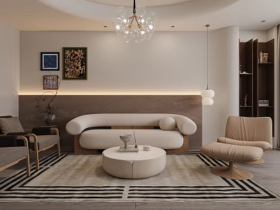Modern Living Room Interior With Curved Sofa Round Coffee Table Decorative Paintings And Chandelier 3d model