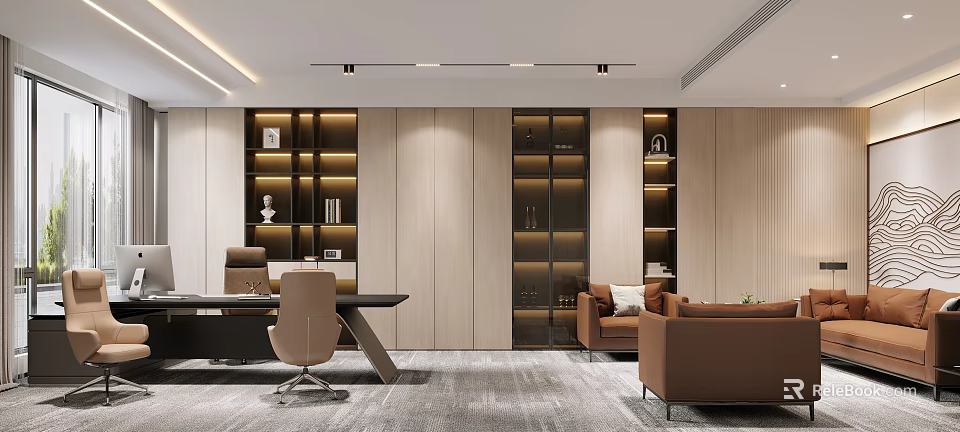 Modern Luxury Sales Office Interior Design With Warm Wood Paneling And Illuminated Display Shelves 3d model 