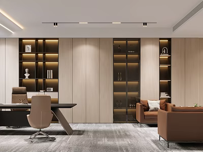 Modern Luxury Sales Office Interior Design With Warm Wood Paneling And Illuminated Display Shelves 3d model
