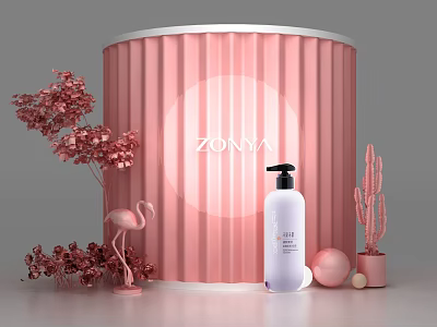 ZONYA Brand Pink Backdrop With Hand Wash Bottle Flamingo Decor And Cactus 3d model