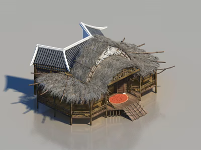 Traditional Thatched House With Black Tile Roof And Red Circular Platform Wooden Steps 3d model