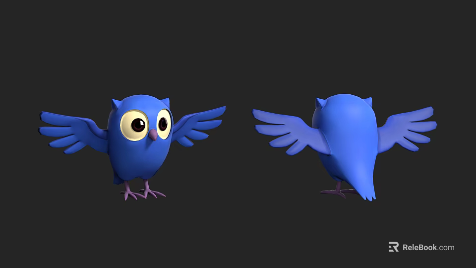 Cartoon Blue Owl 3D Model With Spread Wings Front And Back Views 3d model
