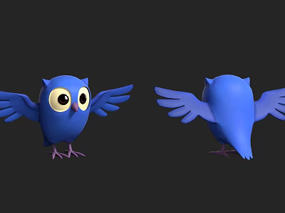 Cartoon Blue Owl 3D Model With Spread Wings Front And Back Views 3d model