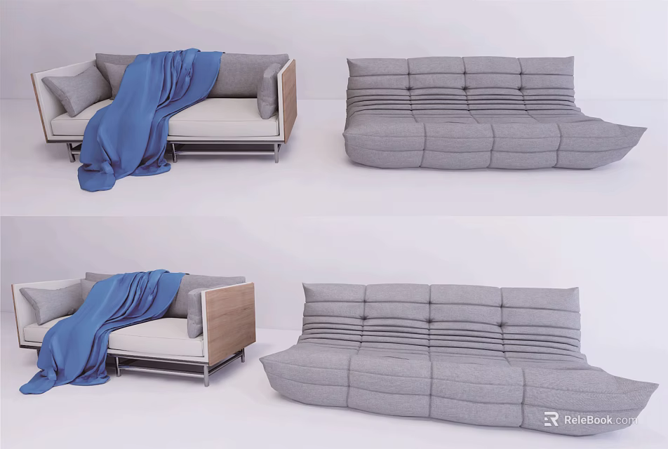 Modern Gray Sectional Sofa With Blue Throw Blanket And Plush Cushions Design 3d model