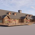 Log Cabin With Multiple Sloped Roofs Chimney And Wooden Deck With Red Umbrellas