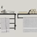 Gray Bath Towels Hanging On Black Racks With Rolled Towels And Toiletries