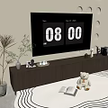 Modern TV Stand with Large TV Decorative Items Books Stuffed Teddy Bear on Patterned Rug