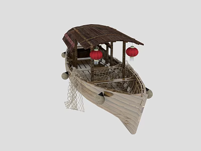 Traditional Wooden Boat With Thatched Roof Red Lanterns And Fishing Net 3d model