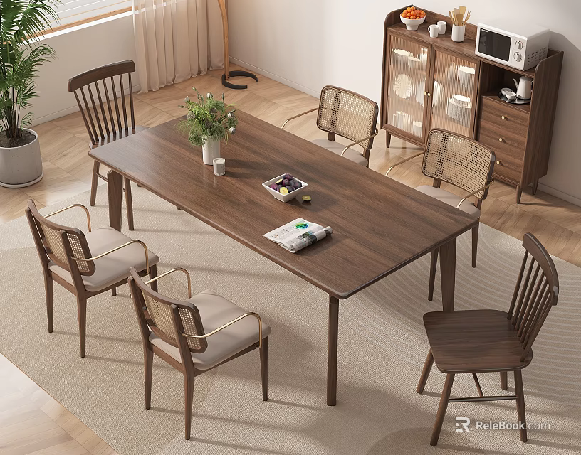 Simple Modern Dining Table Set With Wooden Chairs Vase And Cabinet In Bright Dining Area 3d model 