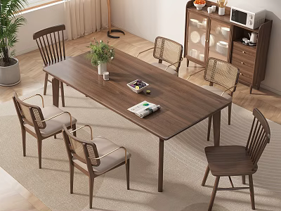 Simple Modern Dining Table Set With Wooden Chairs Vase And Cabinet In Bright Dining Area 3d model