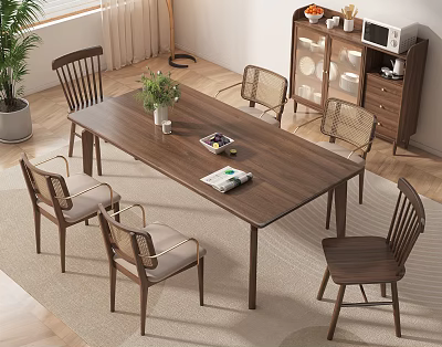 Simple Modern Dining Table Set With Wooden Chairs Vase And Cabinet In Bright Dining Area 3d model