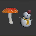 Red Spotted Mushroom And Snowman With Red Hat Yellow Scarf On White Background