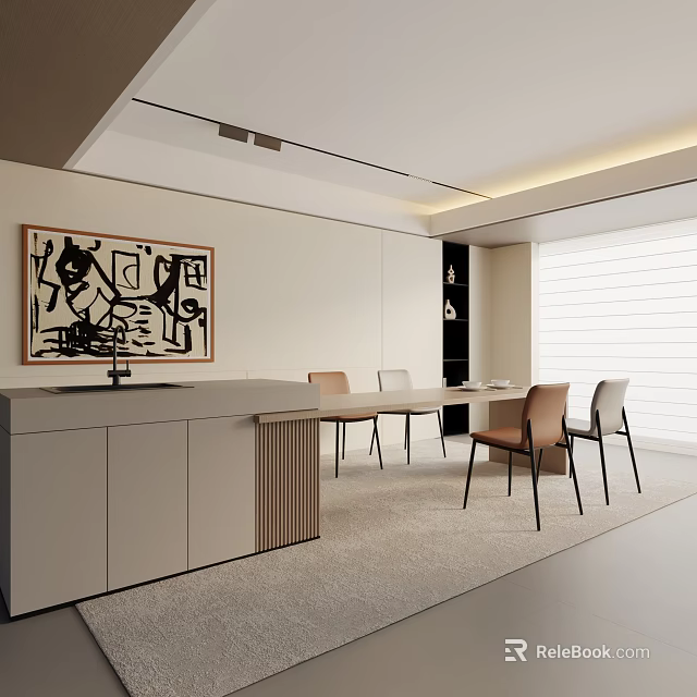 Modern Dining Table Set With Matching Chairs Counter And Wall Artwork 3d model