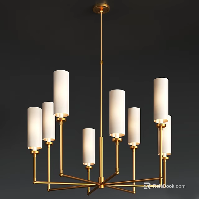Modern Chandelier with White Cylindrical Shades and Golden Rods for Contemporary Interior Decor 3d model 
