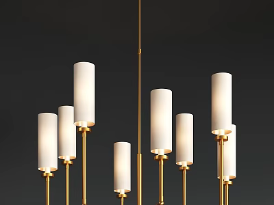 Modern Chandelier with White Cylindrical Shades and Golden Rods for Contemporary Interior Decor 3d model