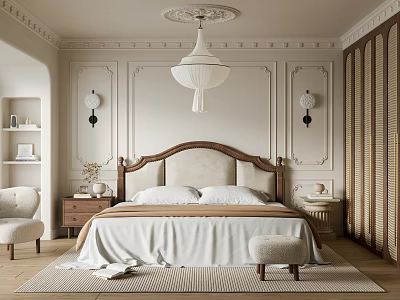 Elegant Bedroom Interior With Wooden Headboard White Bedding Chandelier And Decorative Walls 3d model