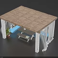 Outdoor Relaxation Gazebo With Wooden Roof White Curtains Blue Sofa Coffee Table And Potted Plant