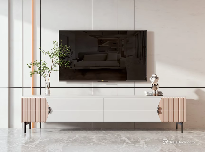 Modern White TV Stand With Striped Accent Panels And Potted Plant Decor 3d model 
