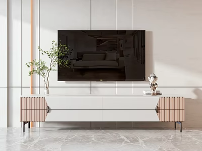 Modern White TV Stand With Striped Accent Panels And Potted Plant Decor 3d model