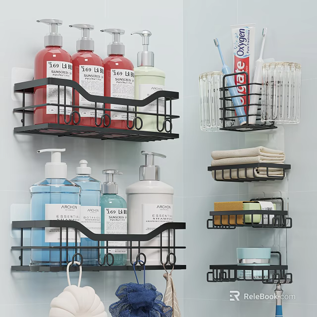 Practical Bathroom Accessories Wall Mounted Shelves With Soap Bottles Toothbrushes Towels And Soap Dishes 3d model 
